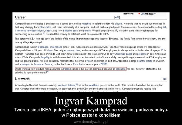 Ingvar Kamprad – Twórca sieci IKEA, jeden z najbogatszych ludzi na świecie, podczas pobytuw Polsce został alkoholikiem 