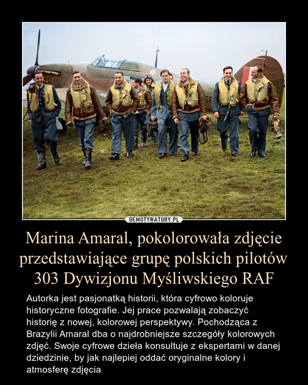 Marina Amaral, pokolorowała zdjęcie przedstawiające grupę polskich pilotów 303 Dywizjonu Myśliwskiego RAF – Autorka jest pasjonatką historii, która cyfrowo koloruje historyczne fotografie. Jej prace pozwalają zobaczyć historię z nowej, kolorowej perspektywy. Pochodząca z Brazylii Amaral dba o najdrobniejsze szczegóły kolorowych zdjęć. Swoje cyfrowe dzieła konsultuje z ekspertami w danej dziedzinie, by jak najlepiej oddać oryginalne kolory i atmosferę zdjęcia 