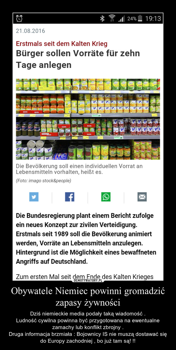 Obywatele Niemiec powinni gromadzić zapasy żywności