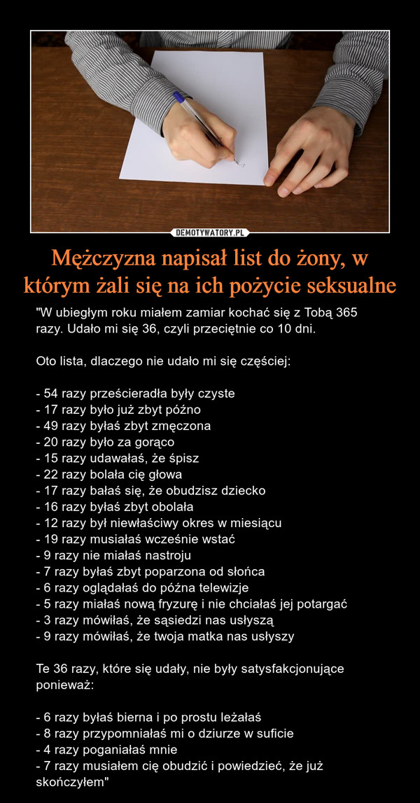 Mężczyzna napisał list do żony, w którym żali się na ich pożycie seksualne – "W ubiegłym roku miałem zamiar kochać się z Tobą 365 razy. Udało mi się 36, czyli przeciętnie co 10 dni.Oto lista, dlaczego nie udało mi się częściej:- 54 razy prześcieradła były czyste- 17 razy było już zbyt późno- 49 razy byłaś zbyt zmęczona- 20 razy było za gorąco- 15 razy udawałaś, że śpisz- 22 razy bolała cię głowa- 17 razy bałaś się, że obudzisz dziecko- 16 razy byłaś zbyt obolała- 12 razy był niewłaściwy okres w miesiącu- 19 razy musiałaś wcześnie wstać- 9 razy nie miałaś nastroju- 7 razy byłaś zbyt poparzona od słońca- 6 razy oglądałaś do późna telewizje- 5 razy miałaś nową fryzurę i nie chciałaś jej potargać- 3 razy mówiłaś, że sąsiedzi nas usłyszą- 9 razy mówiłaś, że twoja matka nas usłyszyTe 36 razy, które się udały, nie były satysfakcjonujące ponieważ:- 6 razy byłaś bierna i po prostu leżałaś- 8 razy przypomniałaś mi o dziurze w suficie- 4 razy poganiałaś mnie- 7 razy musiałem cię obudzić i powiedzieć, że już skończyłem" 