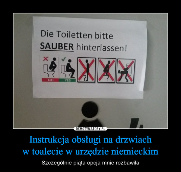 Instrukcja obsługi na drzwiachw toalecie w urzędzie niemieckim – Szczególnie piąta opcja mnie rozbawiła Die Toiletten bitteSAUBER hinterlassen!