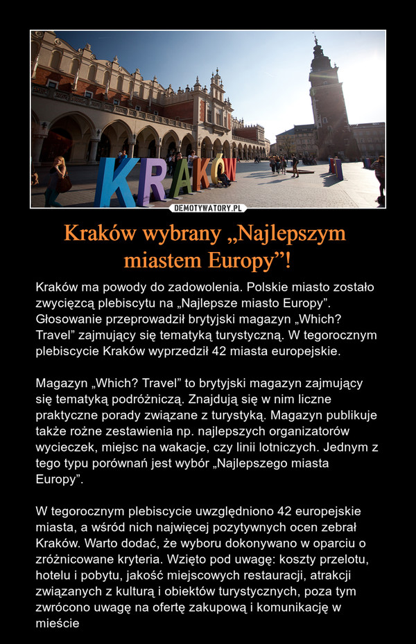 Kraków wybrany „Najlepszym 
miastem Europy”!