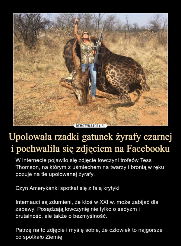 Upolowała rzadki gatunek żyrafy czarnej i pochwaliła się zdjęciem na Facebooku