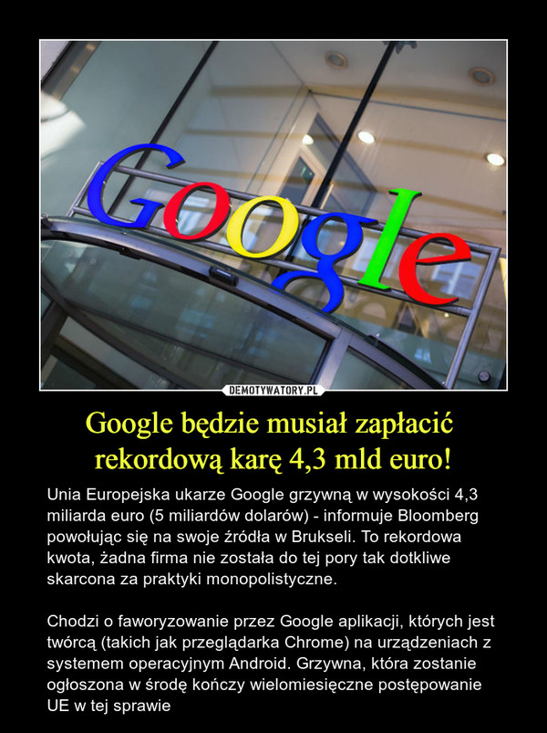 Google będzie musiał zapłacić 
rekordową karę 4,3 mld euro!