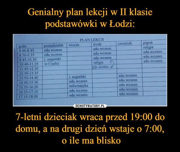 Genialny plan lekcji w II klasie podstawówki w Łodzi: 7-letni dzieciak wraca przed 19:00 do domu, a na drugi dzień wstaje o 7:00,
 o ile ma blisko