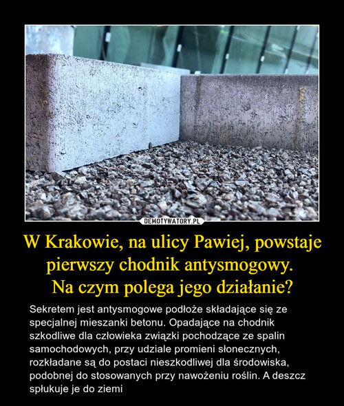 W Krakowie, na ulicy Pawiej, powstaje pierwszy chodnik antysmogowy. 
Na czym polega jego działanie?