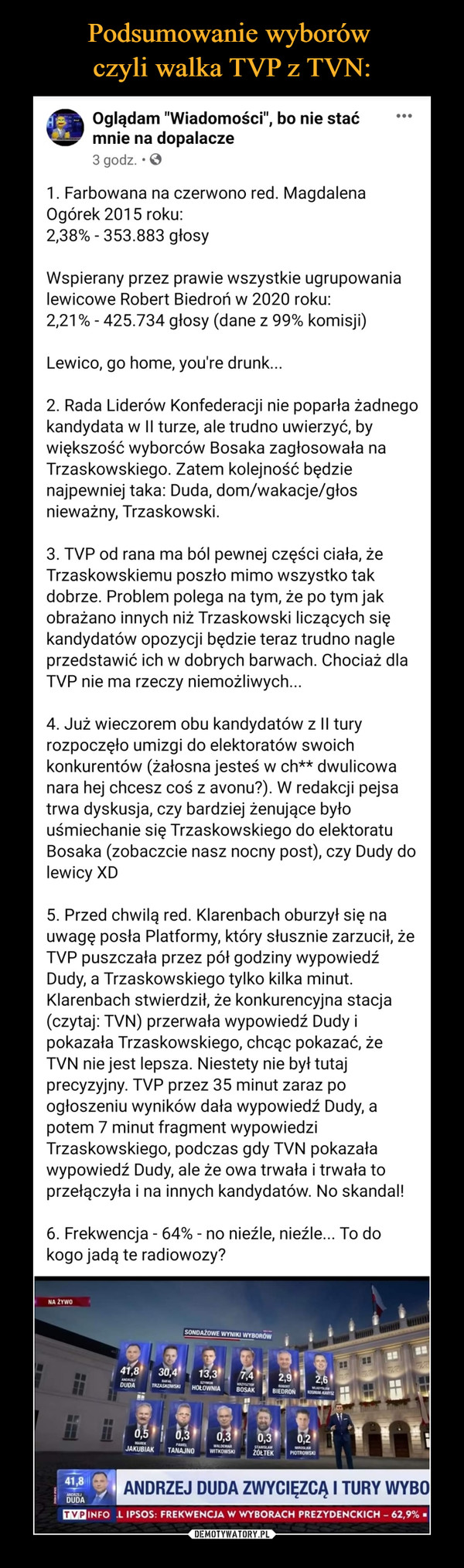 Podsumowanie wyborów 
czyli walka TVP z TVN: