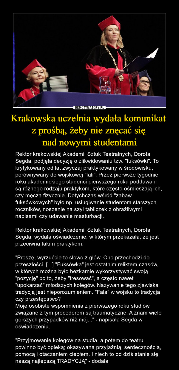 Krakowska uczelnia wydała komunikat 
z prośbą, żeby nie znęcać się 
nad nowymi studentami