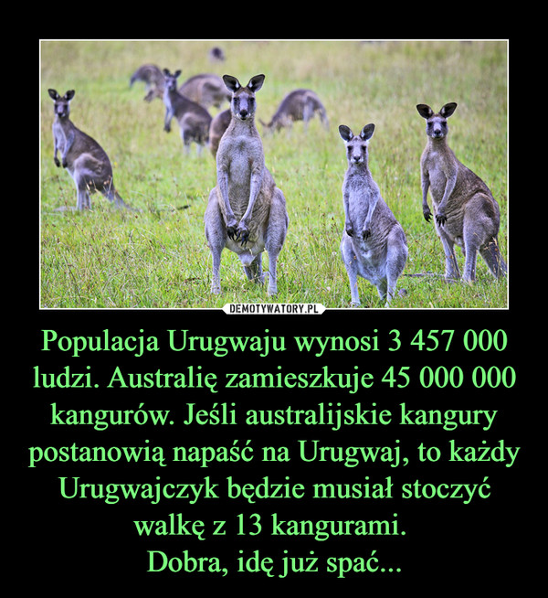 Populacja Urugwaju wynosi 3 457 000 ludzi. Australię zamieszkuje 45 000 000 kangurów. Jeśli australijskie kangury postanowią napaść na Urugwaj, to każdy Urugwajczyk będzie musiał stoczyć walkę z 13 kangurami. 
Dobra, idę już spać...