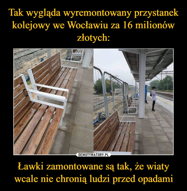 Tak wygląda wyremontowany przystanek kolejowy we Wocławiu za 16 milionów złotych: Ławki zamontowane są tak, że wiaty wcale nie chronią ludzi przed opadami