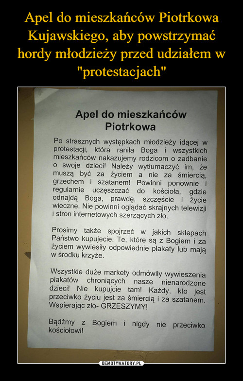 Apel do mieszkańców Piotrkowa Kujawskiego, aby powstrzymać hordy młodzieży przed udziałem w "protestacjach"