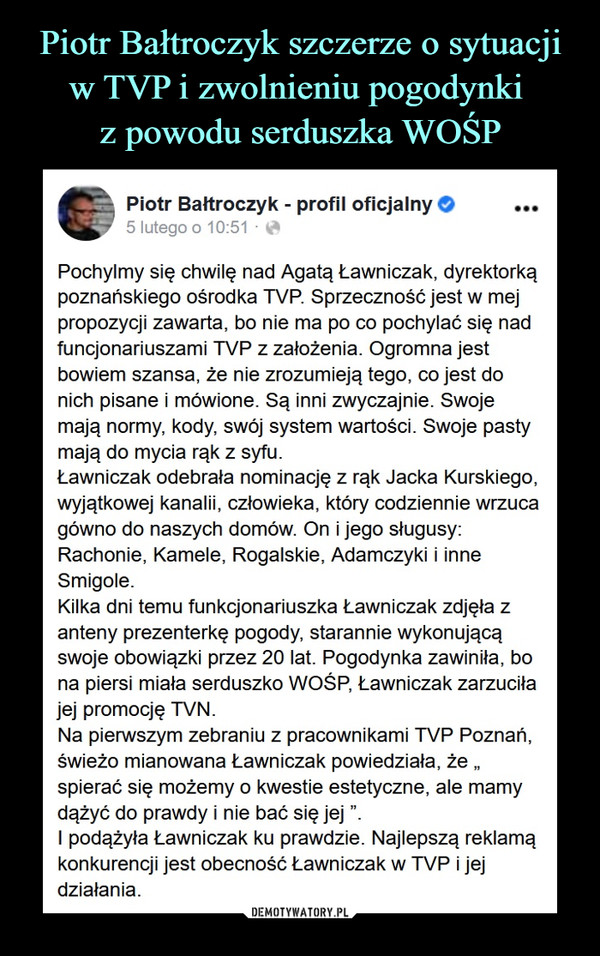Piotr Bałtroczyk szczerze o sytuacji w TVP i zwolnieniu pogodynki 
z powodu serduszka WOŚP