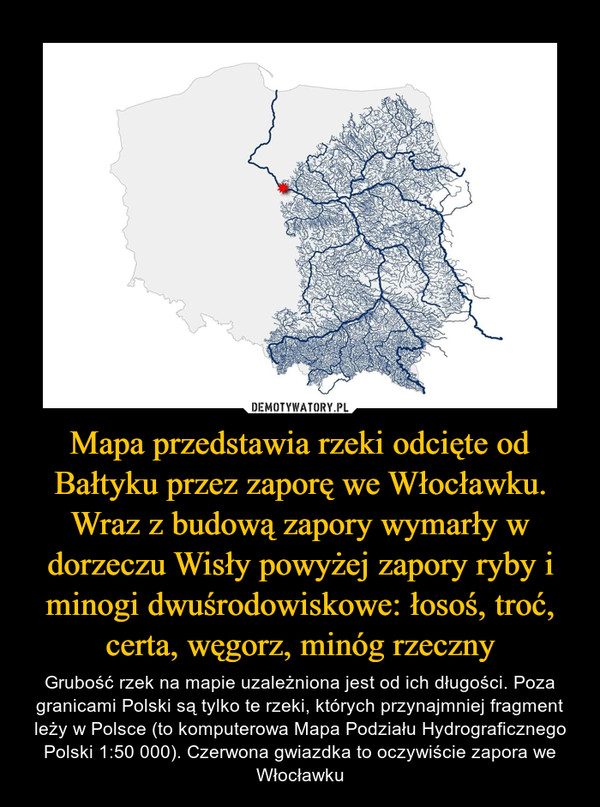 Mapa przedstawia rzeki odcięte od Bałtyku przez zaporę we Włocławku. Wraz z budową zapory wymarły w dorzeczu Wisły powyżej zapory ryby i minogi dwuśrodowiskowe: łosoś, troć, certa, węgorz, minóg rzeczny – Grubość rzek na mapie uzależniona jest od ich długości. Poza granicami Polski są tylko te rzeki, których przynajmniej fragment leży w Polsce (to komputerowa Mapa Podziału Hydrograficznego Polski 1:50 000). Czerwona gwiazdka to oczywiście zapora we Włocławku 