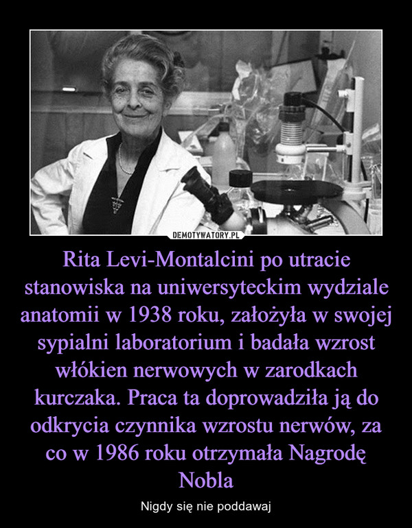 Rita Levi-Montalcini po utracie stanowiska na uniwersyteckim wydziale anatomii w 1938 roku, założyła w swojej sypialni laboratorium i badała wzrost włókien nerwowych w zarodkach kurczaka. Praca ta doprowadziła ją do odkrycia czynnika wzrostu nerwów, za co w 1986 roku otrzymała Nagrodę Nobla