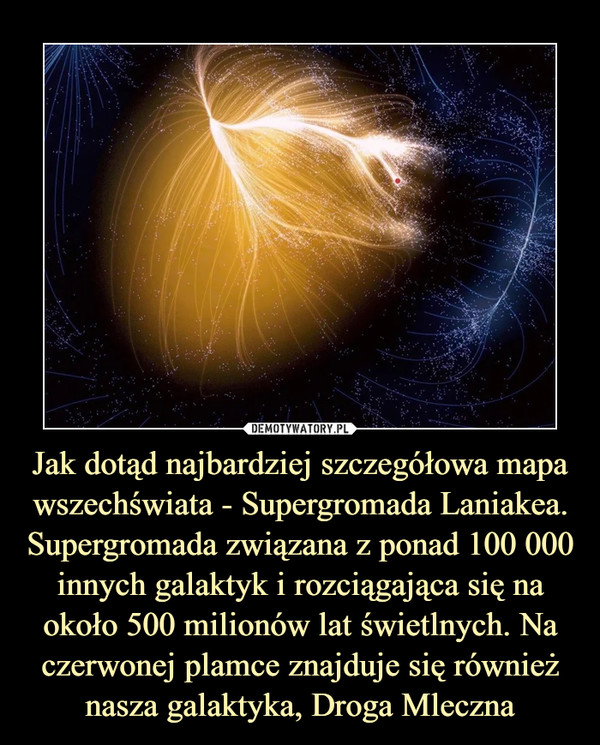 Jak dotąd najbardziej szczegółowa mapa wszechświata - Supergromada Laniakea. Supergromada związana z ponad 100 000 innych galaktyk i rozciągająca się na około 500 milionów lat świetlnych. Na czerwonej plamce znajduje się również nasza galaktyka, Droga Mleczna –  