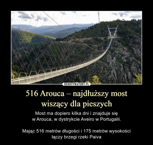 516 Arouca – najdłuższy mostwiszący dla pieszych – Most ma dopiero kilka dni i znajduje sięw Arouca, w dystrykcie Aveiro w Portugalii.Mając 516 metrów długości i 175 metrów wysokościłączy brzegi rzeki Paiva 