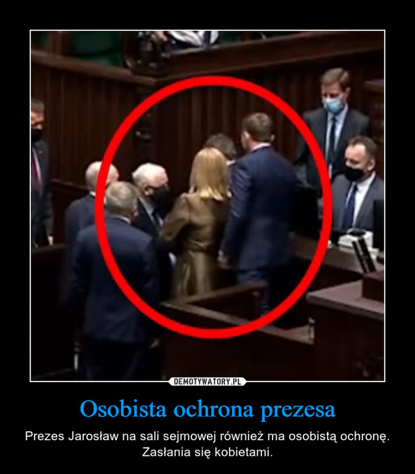 Osobista ochrona prezesa – Prezes Jarosław na sali sejmowej również ma osobistą ochronę. Zasłania się kobietami. 