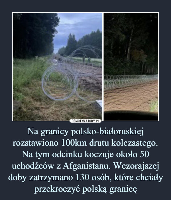 Na granicy polsko-białoruskiej rozstawiono 100km drutu kolczastego. Na tym odcinku koczuje około 50 uchodźców z Afganistanu. Wczorajszej doby zatrzymano 130 osób, które chciały przekroczyć polską granicę