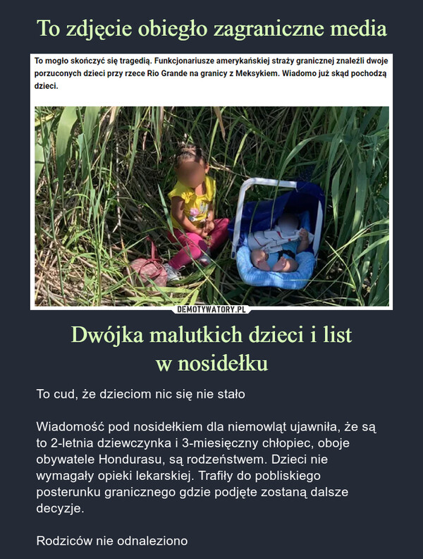 To zdjęcie obiegło zagraniczne media Dwójka malutkich dzieci i list
w nosidełku