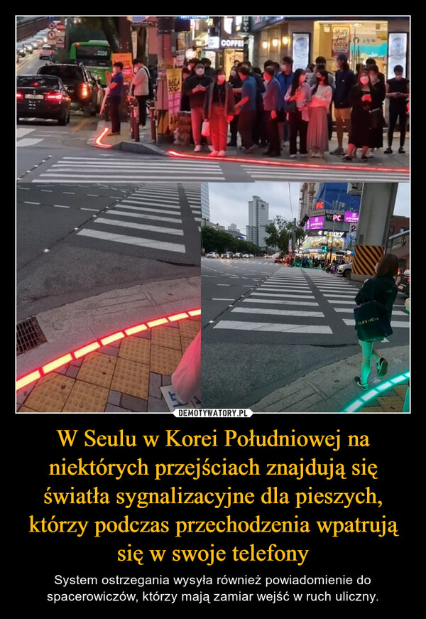 W Seulu w Korei Południowej na niektórych przejściach znajdują się światła sygnalizacyjne dla pieszych, którzy podczas przechodzenia wpatrują się w swoje telefony – System ostrzegania wysyła również powiadomienie do spacerowiczów, którzy mają zamiar wejść w ruch uliczny. 