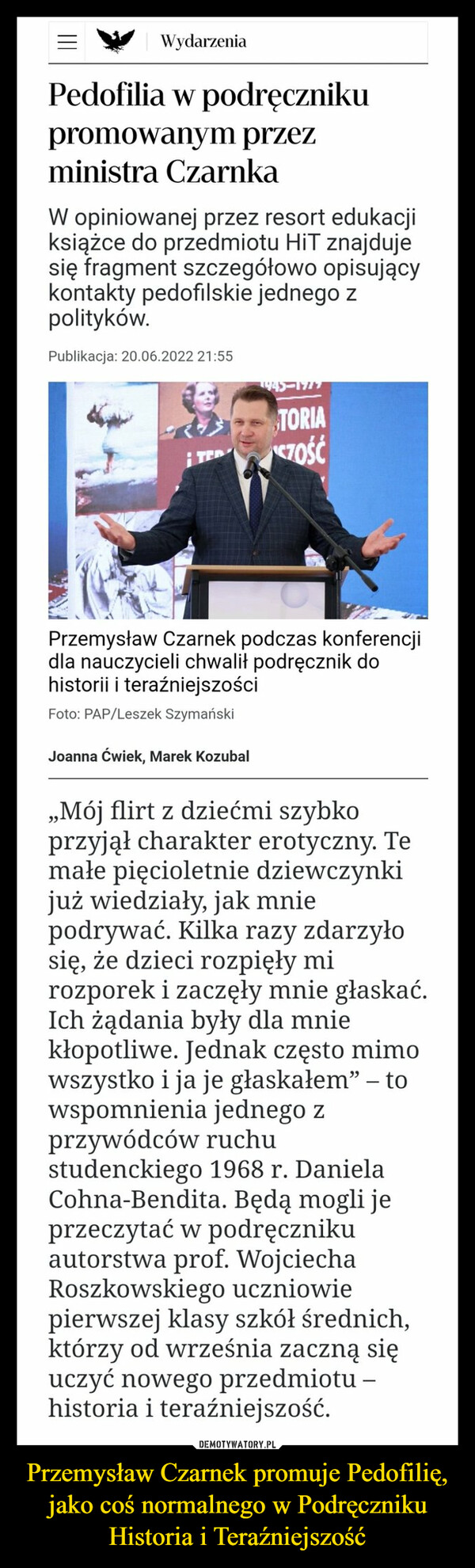 Przemysław Czarnek promuje Pedofilię, jako coś normalnego w Podręczniku Historia i Teraźniejszość –  