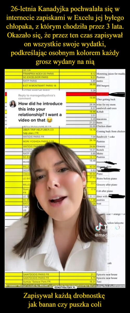 26-letnia Kanadyjka pochwalała się w internecie zapiskami w Excelu jej byłego chłopaka, z którym chodziła przez 3 lata. Okazało się, że przez ten czas zapisywał on wszystkie swoje wydatki, podkreślając osobnym kolorem każdy grosz wydany na nią Zapisywał każdą drobnostkę 
jak banan czy puszka coli