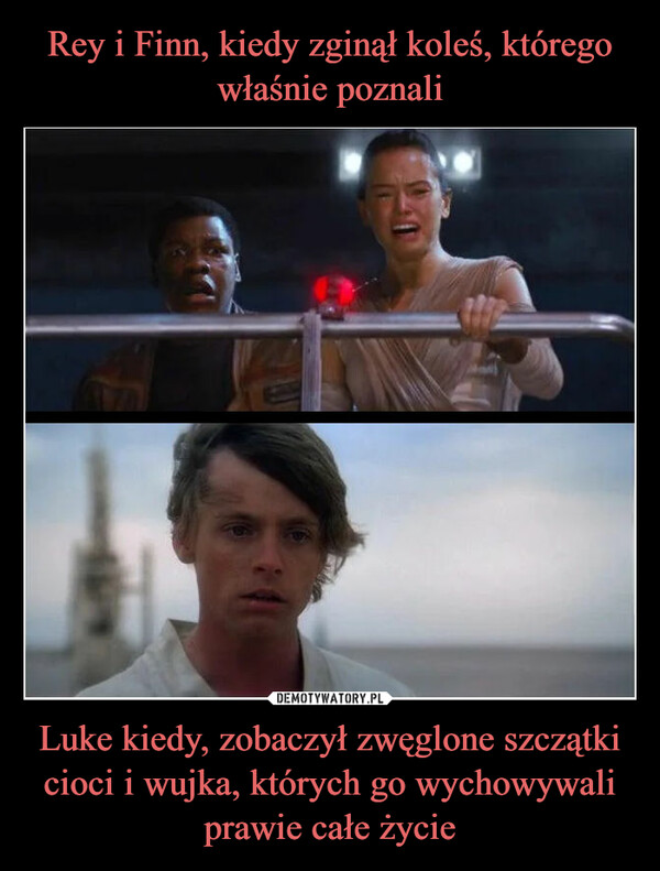 Rey i Finn, kiedy zginął koleś, którego właśnie poznali Luke kiedy, zobaczył zwęglone szczątki cioci i wujka, których go wychowywali prawie całe życie