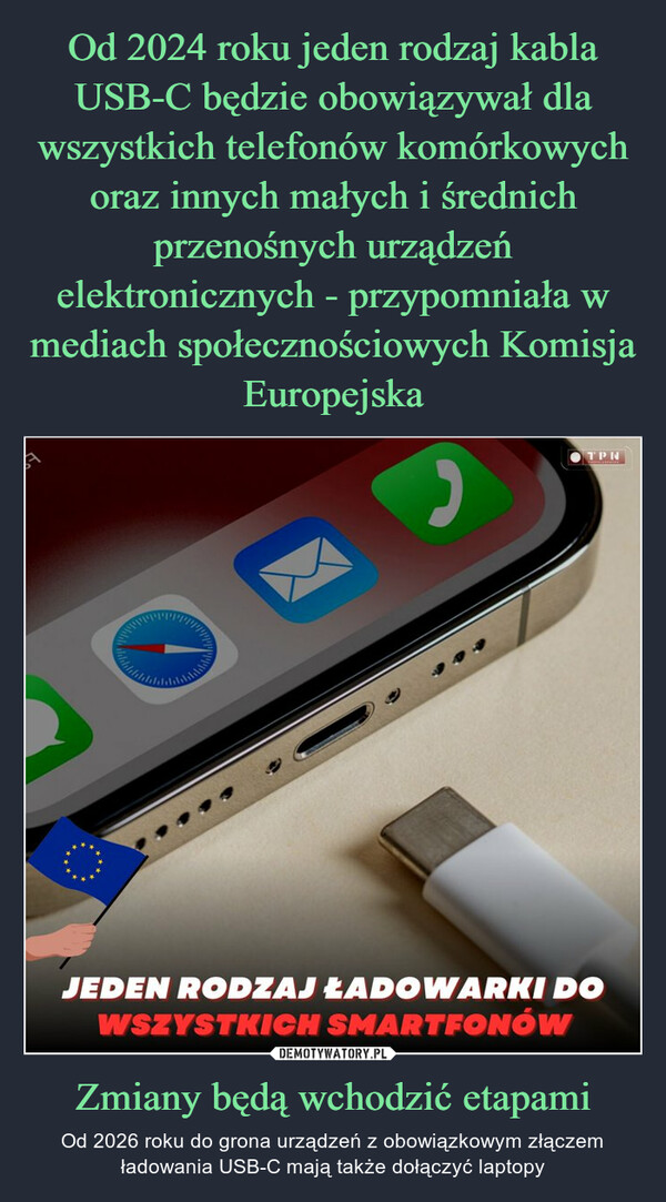 Od 2024 roku jeden rodzaj kabla USB-C będzie obowiązywał dla wszystkich telefonów komórkowych oraz innych małych i średnich przenośnych urządzeń elektronicznych - przypomniała w mediach społecznościowych Komisja Europejska Zmiany będą wchodzić etapami