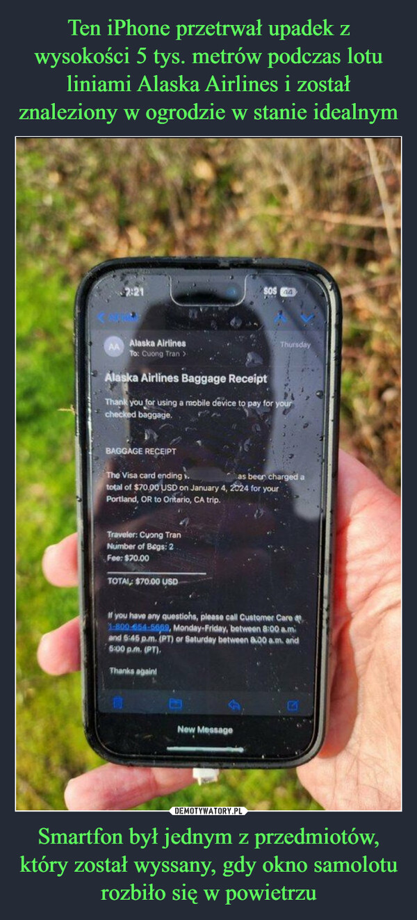 Ten iPhone przetrwał upadek z wysokości 5 tys. metrów podczas lotu liniami Alaska Airlines i został znaleziony w ogrodzie w stanie idealnym Smartfon był jednym z przedmiotów, który został wyssany, gdy okno samolotu rozbiło się w powietrzu