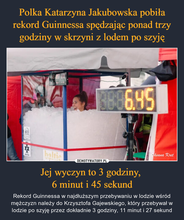 Jej wyczyn to 3 godziny, 6 minut i 45 sekund – Rekord Guinnessa w najdłuższym przebywaniu w lodzie wśród mężczyzn należy do Krzysztofa Gajewskiego, który przebywał w lodzie po szyję przez dokładnie 3 godziny, 11 minut i 27 sekund COA38:86.95Oksana Kret